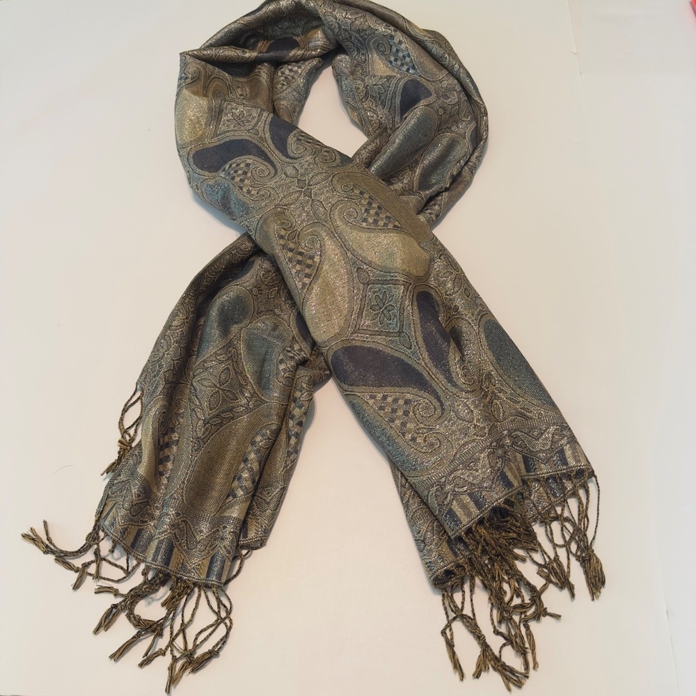 Pashmina Silk Paisley Scarf Gold Bronze Grey Metallic Jacquard Fringe Wrap Shawl - Picture 1 of 9
